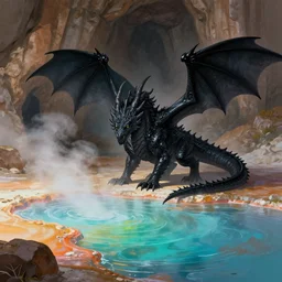 a black dragon in the middle of a colorful geothermal hotspring in a cavern, featured on artstation