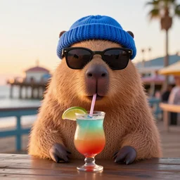 a photorealistic photograph of a knitted cute Capybara wearing sunglasses and dressed a blue beanie cap. The subject is also sipping a refreshing Mai Tai drink cocktail at the Santa Monica Pier during sunset. This 4K HD image is Trending on Artstation, featured on Behance, well-rendered, extra crisp, features intricate detail and the style of Unreal Engine.