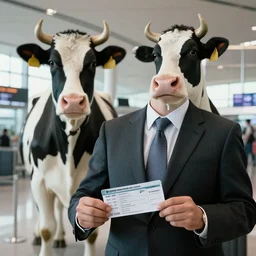 cinematic airport photo of part man part dairy cow humanoids mancow mix and cowman mix wearing suit holding boarding pass giger sorayama alex ross style at the airport trending photo portrait