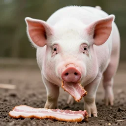 a pig eating bacon