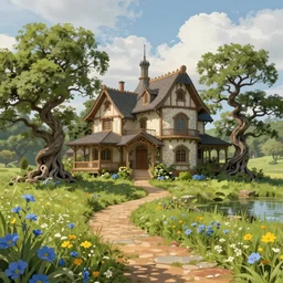by Greg Rutkowski and thomas kinkaid, beautiful landscape fantasy house with a path and blue and yellow flowers and intricate twisted trees, grass, pond, cloudy sky, summer, Trending on artstation