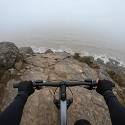 POV bicycle: on a rocky path, Rider's first person, point of view, GoPro, stock image, entering the scary murky ocean, Fog. Ultrarealistic