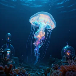 bioluminescent cyberpunk jellyfish, deep sea diver, extreme light, distant cyberpunk atlantis, organic, bio domes, coral, deep ocean, robotic, mariana trench midnight zone, bubbles, hyper realistic, hyper detailed, digital art, trending in artstation, studio quality, photorealistic, photo, by jesper ejsing, wlop, paul lehr