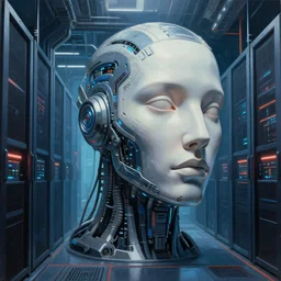 professional painting of monumental conscious supercomputer with huge - cybernetic - face!!!! in endless server room, trending on artstation, cyberpunk, sci - fi, futuristic, by greg rutkowski and maciej kuciara, high quality