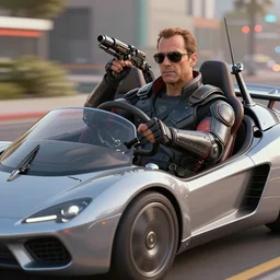 Saul Goodman driving a convertible futuristic car with weapons, highly detailed, 4k octane render