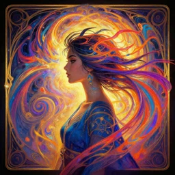 side profile centered painted portrait, Maya Ali as a wind sorceress, D&D, Gloomhaven, matte painting concept art, art nouveau, beautifully backlit, swirly vibrant color lines, fantastically gaudy, aesthetic octane render, 8K HD Resolution, by ilya kuvshinov and Cushart Krentz and Gilleard James