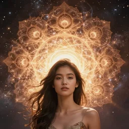 ridiculously beautiful young asian woman tripping, sacred geometry fractals radiating from head, cosmic, natural, awakening, symmetrical, in the style of ernst haeckel, effervescent, warm, photo realistic, epic and cinematic