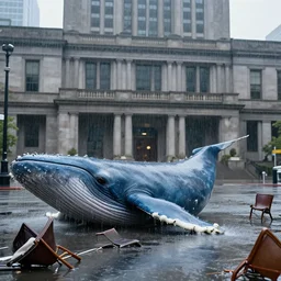 whole body real image of blue whale lying on the ground in city hall, heavy rain, broken chairs, photograph by animal planet, by discovery channel