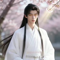 a portrait of a young beautiful prince, golden eyes, long black hair, white hanfu, elegant, intricate, backlit, incredible lighting, strong rim light, subsurface scattering, realistic anime, epic beautiful landscape, cherry trees, highly detailed, god rays, digital painting, by Heise Jinyao, Heise-Lian Yan Fang, Feimo, Rossdraws, HDRI, vivid colors, high contrast, 8k