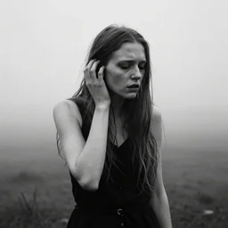 award winning photo of some exhaustion as lars von trier would depict it, she is 2 3, skinny and beautiful and listens to oathbreaker, she is full of hatred, photo, black and white, the background is unsafe, insanely detailed, foggy like in norwegian black metal aesthetic