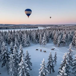 aerial photography, lapland, cannon snow covered trees, reindeer, hot air balloons, dusk