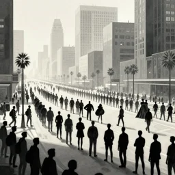 cinematic wide angle view of a dystopian instagram influencer parade through the streets los angeles being worshipped by shadow figures, orwellian, by neil blevins, by killian eng, high detail, digital painting, minimalist art style, death stranding art style, cinematic lighting, artstation, cgsociety, 3 5 mm film grain