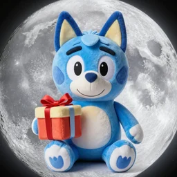 blue'snappy gifts'human - sized plush doll, on the moon, holding gift, happy atmosphere, high detail, soft lighting, 8 k