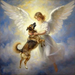 one single dog being lifted up by heavenly angelic lights from heaven, oil painting, angelarium artist, irisdecent light