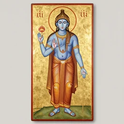 full body portrait of pale blue skinned hindu god in style of antique orthodox christian icon, full scale, distanced, religious art, hd, hq, high resolution, high detail, cgsociety, octane render, trending on artstation, artstationhd, artstationhq, unreal engine, 4 k, 8 k