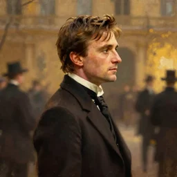 we see ewan mcgregor from side. he is dressed as a gentleman at early 2 0 th century paris. atmospheric feeling, warm colours, brown colours, yellow colours, epic scene, cinematic, very detailed, oil painting