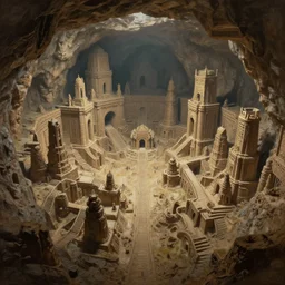 ancient subterranean megacity in an enormous cave, Matte Painting, Fine Art, Oil Paint, landscape, Cinematic, Dramatic, 3-Dimensional, Art station, Octane render