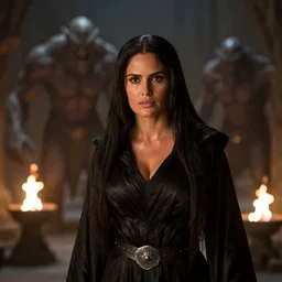 epic photo of salma hayek as beautiful wizard wearing a black satin robe and metal belt in lord of the rings with long straight black hair fighting the terrifying monstrous orcs in the mines of moria, sweaty, detailed eyes, neutral expression, shallow depth of field, photorealistic, cinematic lighting, lovely bokeh, dungeon setting, dark moody light, strong rim light, movie quality, fire light, flames, lord of the rings 1 9 8 5, movie still