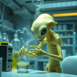 lemon alien, in a lab doing alien experiments, fantasy, science fiction, highly detailed, white lab, modern alien lab mist