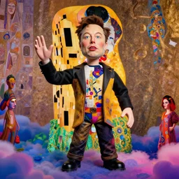 the world's richest man is a ventriloquist dummy from heaven!, psychedelic bliss trip, elon musk! as the puppet master, patterned skin, trending on artstation, photorealism, vibrant colors, digital art, in the style of harumi hironaka, gustav klimt, egon schiele, copy whitmore, david bates, octane render, establishing shot.