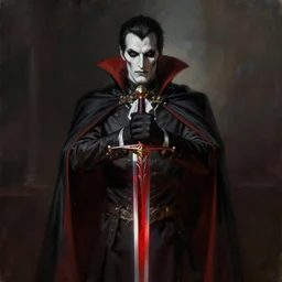vampire in noble clothes, with a covered face, holding a blood red sword, realistic painting, artstation, cinematic, dramatic lighting