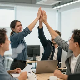 crying office team high fiving