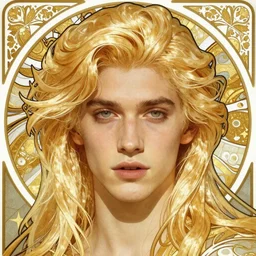 realistic detailed face portrait of merman blond androgynous prince Lucius, long luxurious blond hair, very very very very silky light golden blond hair, extremely pale blond hair, by Alphonse Mucha, Ayami Kojima, Amano, Charlie Bowater, Karol Bak, Greg Hildebrandt, Jean Delville, and Mark Brooks, Art Nouveau, Neo-Gothic, gothic, rich scintillating bright white gold colors
