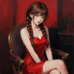 beautiful woman with braided brown hair, and sitting on a chair, highly detailed, painting, red and black color palette, intricate, high quality anime artstyle