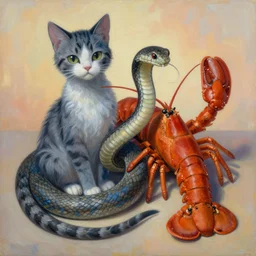 painting of hybrid between cat & snake & lobster, intercrossed animal, by zdzislaw beksinski, by lewis jones, by mattias adolfsson, cold hue's, warm tone gradient background, concept art, beautiful composition, digital painting