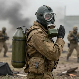 a soldier wearing a gasmask carrying a nuke on his back, in battlefield