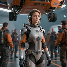 girl in the sci - fi suit, people crowd, spaceport, landing gear, orange and gray colours, avatar, cinematic keyframe. by fausto de martini, wadim kashin. ultra realistic, cinematic light, ue 5, featured on artstation, octane render, sharp focus, ray tracing, artstationhq, cgsociety, cinematic 8 k.