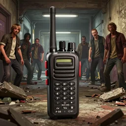 macro portait shot of a walkie - talkie in rubble in gta v, in a hallway with zombies in the background, stephen bliss, unreal engine, fantasy art by greg rutkowski, loish, rhads, ferdinand knab, makoto shinkai and lois van baarle, ilya kuvshinov, rossdraws, tom bagshaw, global illumination, detailed and intricate environment