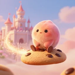 fuzzy creature sitting on a flying chocolate chip cookie blasting through peach's castle leaving a sparkling trail behind, movie still from inside out, close up, hyperion render, trending on artstation, 4 k
