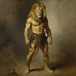 muscular lion as barbarian hunter, full body portrait of single character ,human legs ,very textured detailed oil painting by rembrandt