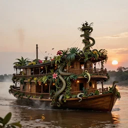 A wooden, beautiful 1880's steamboat overgrown with intricate vines, flowers, snakes, anacondas and exotic vegetation floating down on the Amazon river. Faint lights from inside the ship. Steam. Birds circulating. The boat looks like an island. Ecosystem. Sunset. Volumetric lights. Mist. hyper-maximalistic, with high detail, cinematic, beautiful detail, insanely complex details, 50mm lens.