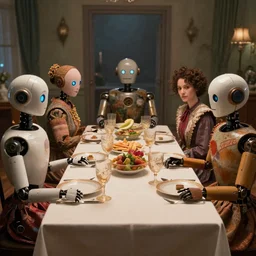 a table dinner of robots where robots are dressed like the characters from the midsommar movie, cinematic, hyperdetailed, octane render, trending on art station, ultrarealistic