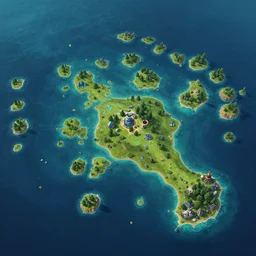 isometric zoom out ultra realistic illustration, many tiny islands on vast ocean, mobile 2 d game map, 2 d background, matte painting, hyper detailed photo realism by greg rutkowski, rich contrast of colors, 1 0 0 mega pixels, league of legends artwork