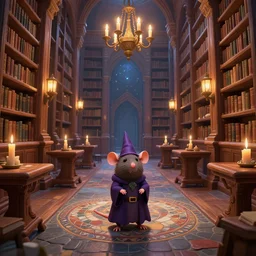 wizard rats in wizard clothing, vast library, bookshelves, wooden banks, wooden tables, mosaic stone floor, passages, cel shading, 3 d art, 3 d cg, digital art, celestial, majestic, mystical, cinematic light, candles, chandelier, lanterns, soft light
