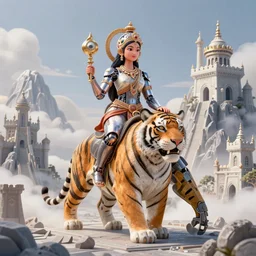 maximalist 3 d render of cyborg hindu girl riding a tiger standing in cybernetic mountain landscape with castle ruins against a psychedelic surreal background with 3 d butterflies and 3 d flowers n the style of 1 9 9 0's cg graphics against the cloudy night sky, lsd dream emulator psx, 3 d rendered y 2 k aesthetic by ichiro tanida, 3 do magazine, wide shot
