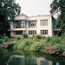 a beautiful soviet architecture house with large windows and an overgrown wild garden, on a lake, surrounded by trees and rocks, in central india, by alex webb, by gregory crewdson, featured on architecture daily, shot on large format film, grainy, cinematic composition, beautiful volumetric lighting, no frames
