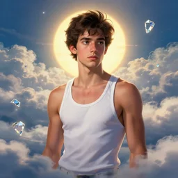 masterpiece portrait of a ( ( ( diamantes ) ) ), ( ( guapo joven spanish prince camisa tanktop ) ), nubes y magia, el sol, concept character, by greg rutowski and tezuka and oi and mucha and bierstadt and remington, trending on artstation