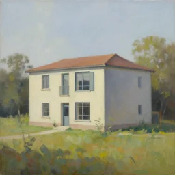 a beautiful painting of a building in a serene landscape, hyperrealism