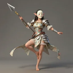 full body portrait, female changeling dancer in floral - patterned light armor, wielding a long halberd, wearing a noh theatre mask, barefoot in sandals, capricious, energetic, provocative, realistic proportions, reasonable fantasy, in the style of dnd illustrations, tabletop rpg.