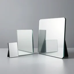 a small and a big square mirrors standing parallel to each other refracting each other recursively on a table in a studio, octane render 8 k