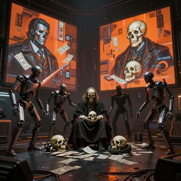 futuristic neon lit scene of death of the money lenders, robot cyborgs, futuristic oil painting by rembrandt and jeff koonz, led panel screens and projections, intricate details, ultra realistic, dynamic lighting, black and orange colour palette, octane render