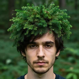 close-up photo of a man with a forest on his head instead of hair