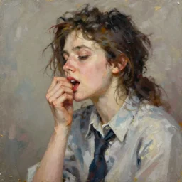 a ultradetailed beautiful portrait panting of a stylish woman wearing a shirt with a tie, she has messy hair, oil painting, by ilya kuvshinov, greg rutkowski and hajime sorayama, trending on artstation