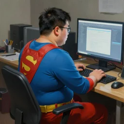 an insanely detailed painting of a chubby nerdy asian man wearing a homemade superhero costume, sitting at a computer desk typing on the keyboard, in the style of peter mohrbacher, dramatic lighting and composition, trending on artstation, concept art, comic book, graphic novel, back view