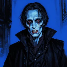 zombie voldemort, in the style of beksinski, blue, black, vibrant, chiaroscuro, high detail, perfect artwork, clean lines