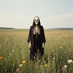 mystical death god standing in tall meadow of flowers, distant, vintage film photo, grainy, high detail, high resolution